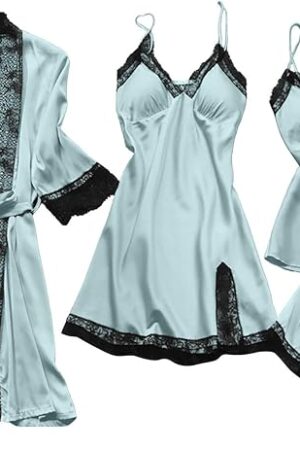 Women's Silk Lingerie Pajamas 4 Piece Set Lace-Trim Belted Robe Camisole Dress Sleepshirts Shorts Suit Sexy Sleepwear