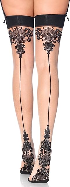 Womens Baroque Backseam Cuban Heel Stockings, O/S, Nude/Black