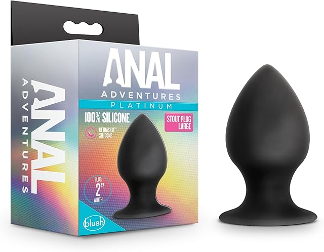 Blush Novelties Anal Adventures Platinum Ultrasilk Silicone Stout Butt Plug - 3 1/4 Inch Large Easy to Clean Smooth Satin Finish Adult Toy - Suction Cup Base - Sex Toys for Women Men Couples - Black