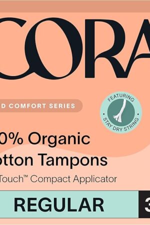 Cora Organic Applicator Tampons | Regular Absorbency | 100% Organic Cotton, Unscented, BPA-Free Compact Applicator | Leak Protection | Packaging May Vary | 36 Total