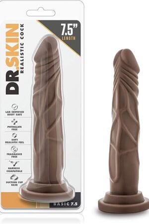 Blush Novelties Dr. Skin Basic 7 1/2 Inch Realistic Flexible Soft Slim Comfortable Dildo - Fragrance Free Suction Cup Harness Compatible Male Female Adult Toys - Sex Toy for Couples - Chocolate