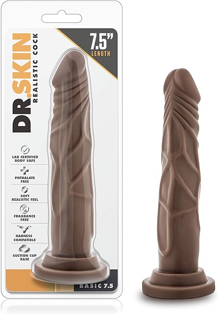 Blush Novelties Dr. Skin Basic 7 1/2 Inch Realistic Flexible Soft Slim Comfortable Dildo - Fragrance Free Suction Cup Harness Compatible Male Female Adult Toys - Sex Toy for Couples - Chocolate