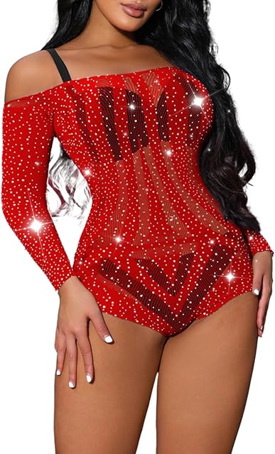 Women's Rhinestone Off Shoulder Fishnet Bodysuit