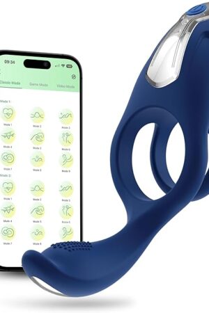 App-Controlled Vibrating Silicone Double Cock Ring - Men's Erection Aid & Couples Pleasure Toy, Adjustable Vibration Patterns, Safe Silicone, Blue