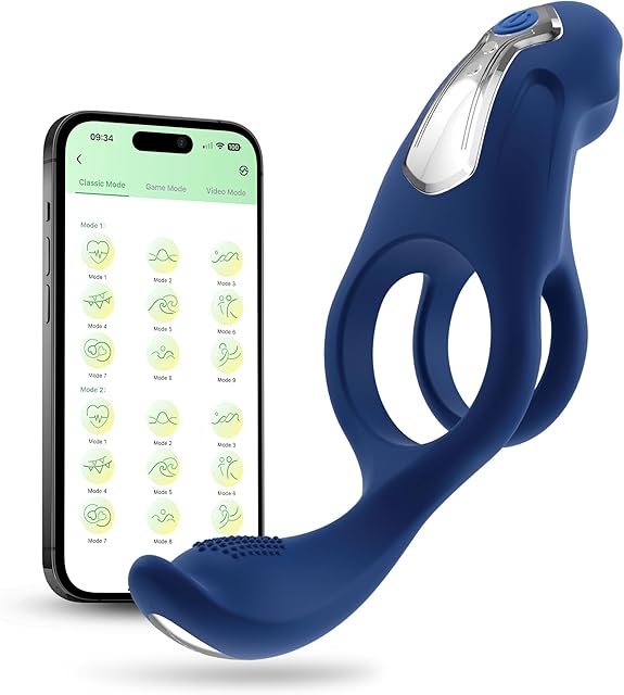 App-Controlled Vibrating Silicone Double Cock Ring - Men's Erection Aid & Couples Pleasure Toy, Adjustable Vibration Patterns, Safe Silicone, Blue