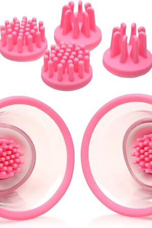 10X Rotating Silicone Nipple Suckers with 4 Attachments for Women & Couples. Powerful and Rechargeable Female Adult Toys for Stimulation with Smooth Texture. 7 Piece Set, Pink & White.