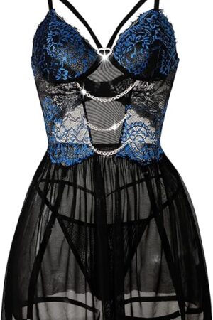 Women Sexy Lingerie, Heart Rhinestone Chain Lace Floral Embroidered Nightgown, Sheer Mesh Babydoll Dress Valentines