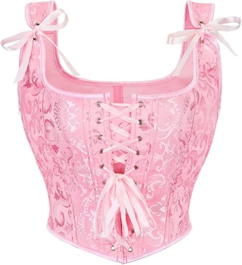 Womens Sexy Vintage Court Overbust 1920s Renaissance Lace Trim Front Tie Corset Bustier Bodyshaper Vest Tops