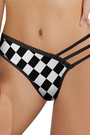 Black White Race Checkered Flag Pattern Womens Sexy Panties Underwear Mesh Low Waist Thongs