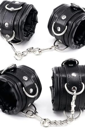Women and Men Padded Black Leather Bondage Handcuffs and Ankle Cuffs Set, Bondage Restraints Toys Sex Wrist Cuffs and Ankle Cuffs for SM Games, Bondage Kit SM Cuffs for Sex Games (Color-1)