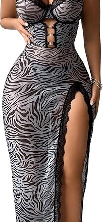Women's Lace Zebra Print Mesh Lingerie Set Split Babydoll Chemise Nightgown Sleepwear