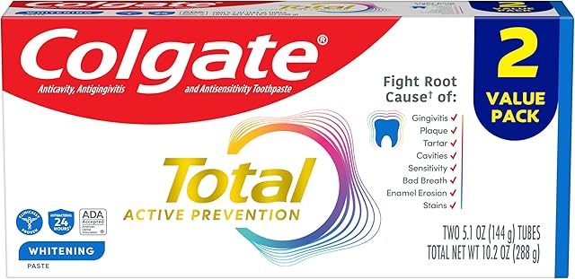 Colgate Total Whitening Toothpaste, 51 oz, 2 Pack, Fluoride Antibacterial Paste for Plaque, Gingivitis, Sensitivity, Stain Removal, Clinically Proven, Mint, Stannous Fluoride