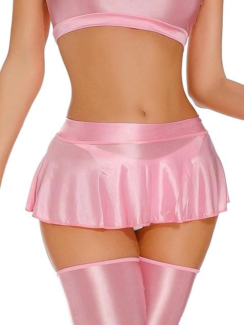 Women Shiny Oil Glossy Skirt Seamless Smooth Sexy Mini Ruffled Pleated Skirts Sheer See Through Slim Fit Bodycon Skirt