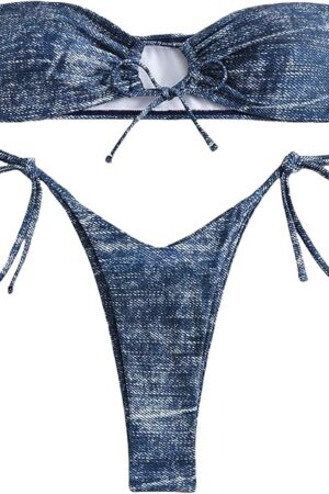Women's Denim Bikini Set Sexy High Cut Bathing Suit Halter Two Piece Swimsuits Spaghetti Cheeky Triangle Top Bra & Thong