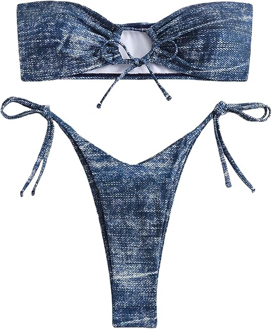 Women's Denim Bikini Set Sexy High Cut Bathing Suit Halter Two Piece Swimsuits Spaghetti Cheeky Triangle Top Bra & Thong