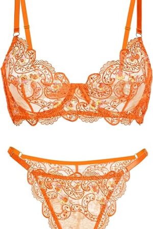 Women Sexy Lingerie Set Floral Embroidered Mesh Sheer Underwire Lingerie Set
