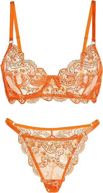 Women Sexy Lingerie Set Floral Embroidered Mesh Sheer Underwire Lingerie Set