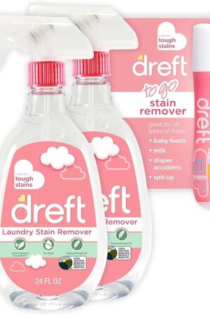Dreft Stain Remover for Baby Clothes and Hypoallergenic Baby Stain Remover Spray Plus Travel Size Stain Treater Pen, 24 Fl Oz ( Pack of 2 + Stain Pen)