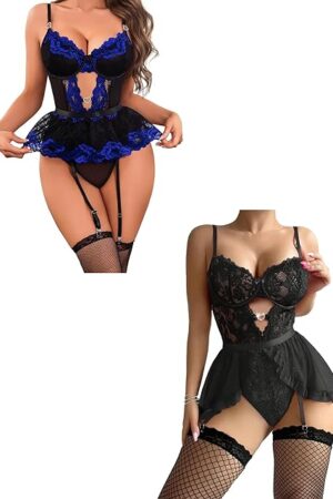 Lace Lingerie Set with Garter Belts Red Lingerie For Women Sexy Skirts Stockings For Women Lingerie
