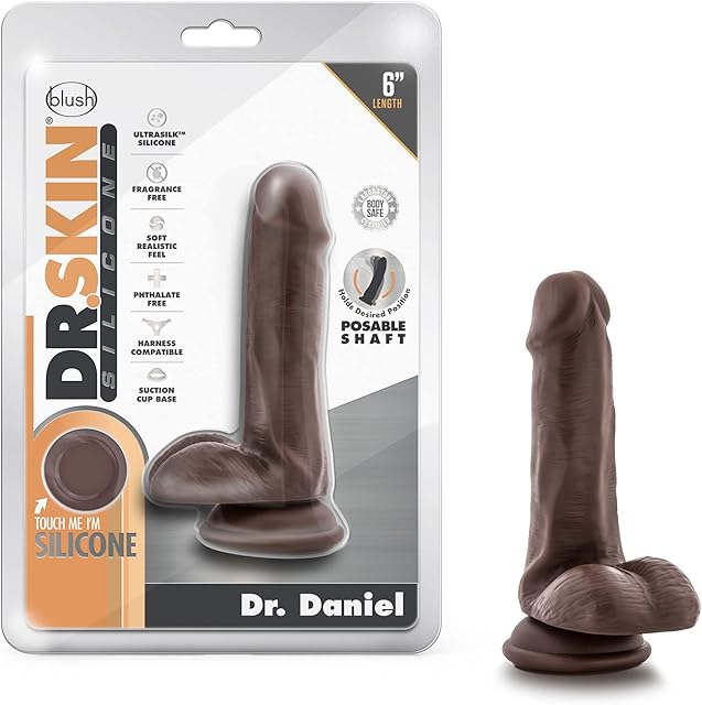 Blush Novelties Dr. Skin - Dr. Daniel - 9 Inch Realistic Dildo with Suction Cup - Harness Compatible - Posable - Silky Smooth - Platinum Cured Silicone - Sex Toy for Men Women Couples - Chocolate