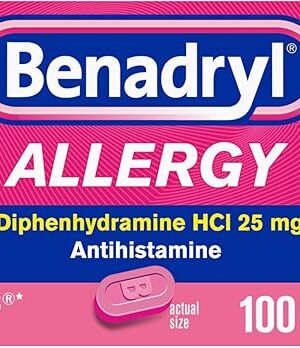 Benadryl Ultratabs Allergy Relief Medicine, 25 mg Diphenhydramine HCl Antihistamine Tablets For Relief of Cold & Allergy Symptoms Like Sneezing, Runny Nose, & Itchy Eyes & Throat, 100 ct