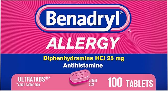 Benadryl Ultratabs Allergy Relief Medicine, 25 mg Diphenhydramine HCl Antihistamine Tablets For Relief of Cold & Allergy Symptoms Like Sneezing, Runny Nose, & Itchy Eyes & Throat, 100 ct