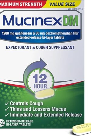 Cough Suppressant and Expectorant,Mucinex DM Maximum Strength 12 HourTablets 42ct, 1200 mg Guaifenesin,Relieves Chest Congestion,Quiets Wet and Dry Cough,#1Doctor Recommended OTC expectorant
