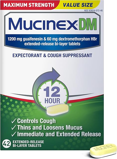 Cough Suppressant and Expectorant,Mucinex DM Maximum Strength 12 HourTablets 42ct, 1200 mg Guaifenesin,Relieves Chest Congestion,Quiets Wet and Dry Cough,#1Doctor Recommended OTC expectorant
