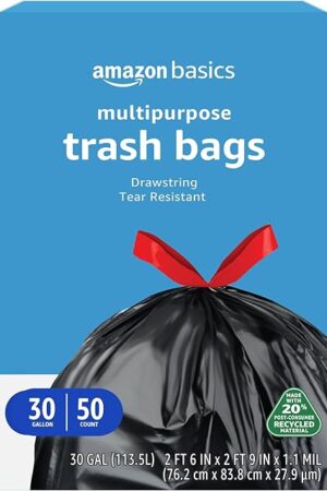 Amazon Basics 30 Gallon Multipurpose Drawstring Trash Bags, 20% Post Consumer Recycled, 50 count