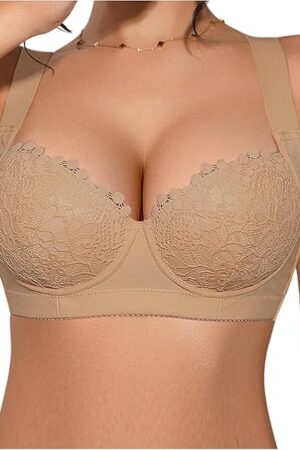 Women's Underwire Adjustable Push Up Sexy Elegant Lace Bra Soft with Wide Strap Shaping Support Lingerie Khaki 32A