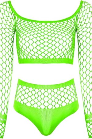 Women Sexy Lingerie Fishnet Babydoll Bodysuit See Through Shirts Long Sleeve Rave Outfits Set