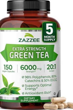 Zazzee Extra Strength Green Tea 20:1 Extract, 6000 mg Strength, 50% EGCG, 98% Polyphenols and 80% Catcehins, 150 Vegan Capsules, 5 Month Supply, Standardized and Concentrated 20X Potency, Non-GMO