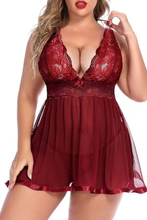 Women Plus Size Babydoll Lingerie Lace Chemise Mesh Sleepwear