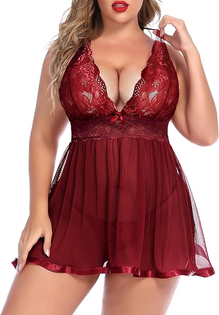 Women Plus Size Babydoll Lingerie Lace Chemise Mesh Sleepwear