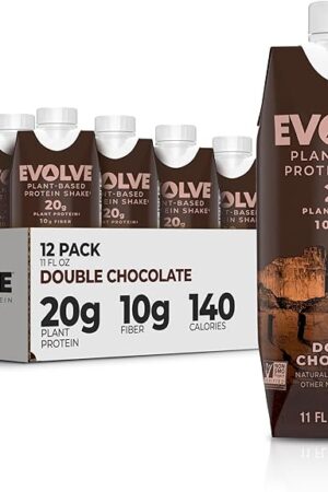 Evolve Plant Based Protein Shake, Double Chocolate, 20g Vegan Protein, Dairy Free, No Artificial Sweeteners, Non-GMO, 10g Fiber, 11 Fl Oz (Pack of 12) - (Formula May Vary)