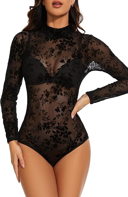 Women's Sheer Mesh Long Sleeve Bodysuit Tops See Through Jumpsuit Leotard Clubwear