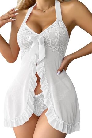 Women Sexy Lace Lingerie Open Front Babydoll Chemises Halter Flyaway Lingerie White