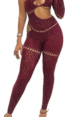 Women sexy mesh rhinestone jumpsuit long sleeve see-through high stretch bodysuit bodystockings club outfit