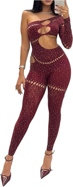 Women sexy mesh rhinestone jumpsuit long sleeve see-through high stretch bodysuit bodystockings club outfit
