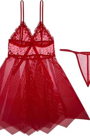 Womens Lace Lingerie Sheer See Through Babydoll Strap V Neck Nightwear Sexy Chemise Teddy Nightie Nightgowns for Women Sexy Red
