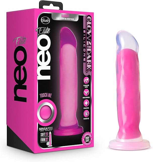 Blush Novelties Neo Elite Glow in The Dark Marquee - 8 inch Sensa Feel Dual Density Platinum Cured Purio Silicone Dildo - Strap On Compatible Suction Cup for Hands Free Play - Luxury Sex Toy