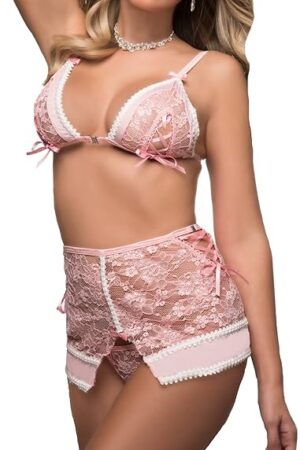 3pc Valentines Sexy Lingerie Dreamy laced skirt & Open front bra set Bubblegum Pink One Size