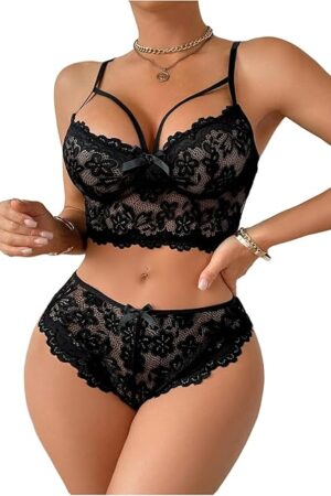 Women's Floral Lace Lingerie Set Sheer Bralette and Panty Sleepwear Nightwear 2 Piece