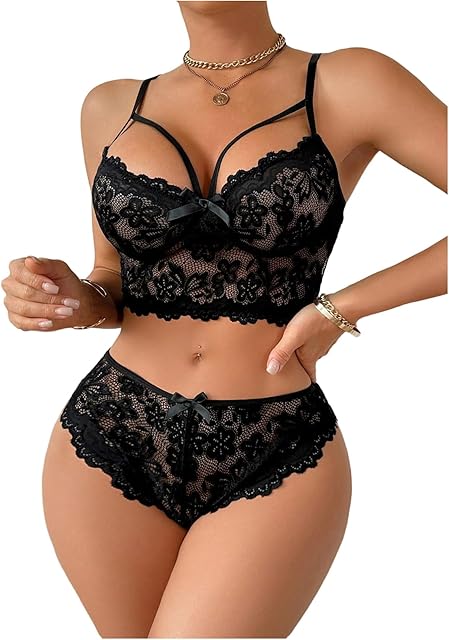 Women's Floral Lace Lingerie Set Sheer Bralette and Panty Sleepwear Nightwear 2 Piece
