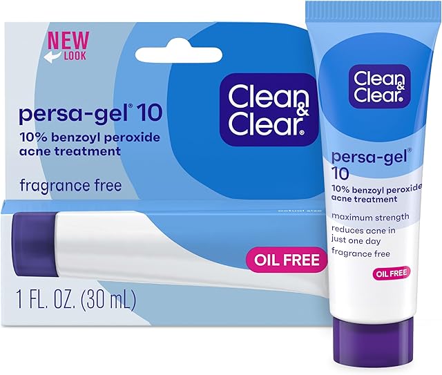 Clean & Clear Persa-Gel 10 Oil-Free Acne Spot Treatment with Maximum Strength 10% Benzoyl Peroxide, Topical Pimple Cream & Gel Medication for Face, Fragrance-Free, 1 fl oz, 1 Pack
