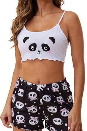 Women's Pajamas Set Camisoles Sleepwear Lingerie Cute Print Lettuce Trim Cami Top and Shorts Nightwear