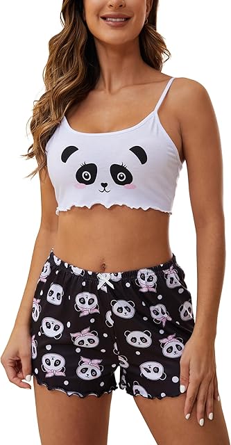 Women's Pajamas Set Camisoles Sleepwear Lingerie Cute Print Lettuce Trim Cami Top and Shorts Nightwear