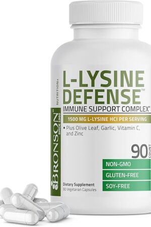 Bronson L-Lysine Defense Immune Support Complex 1500 MG L-Lysine Plus Olive Leaf, Garlic, Vitamin C and Zinc - Non-GMO, 90 Vegetarian Capsules