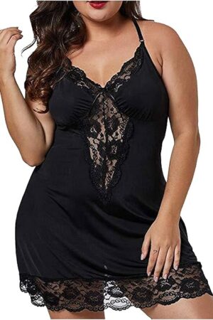 Women Plus Size Lace Chemise Slip Babydoll Lingerie Negligee Sleepwear Valentine Date Night Deep V Neck Nightgown