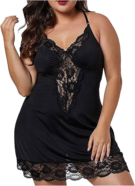 Women Plus Size Lace Chemise Slip Babydoll Lingerie Negligee Sleepwear Valentine Date Night Deep V Neck Nightgown